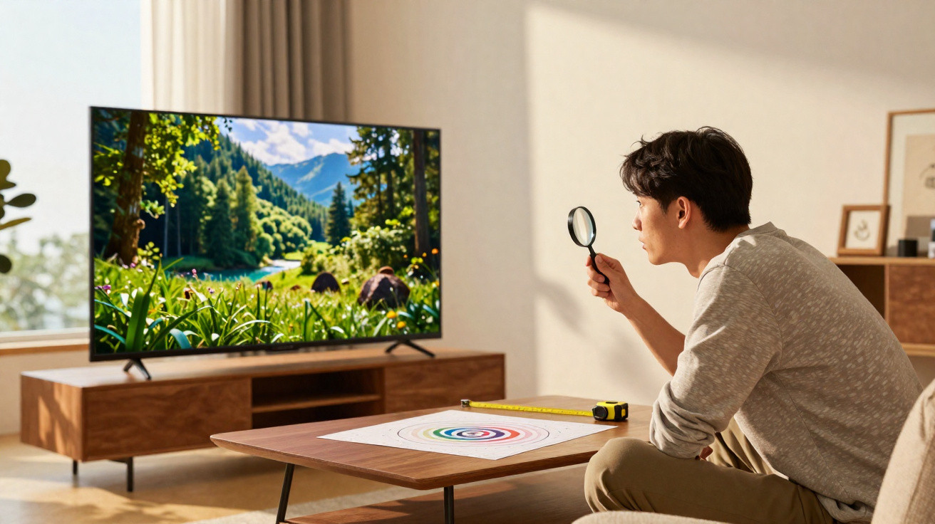 Mann betrachtet mit Lupe ein Zielbild am Tisch, Fernseher zeigt eine Waldlandschaft im Hintergrund.
