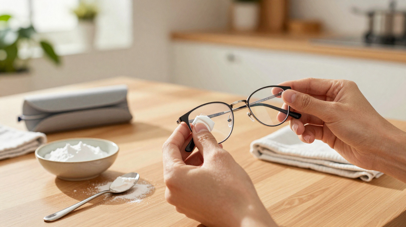 Person reinigt eine Brille mit einem Tuch, auf dem Tisch befinden sich Schale und Löffel mit weißem Pulver.
