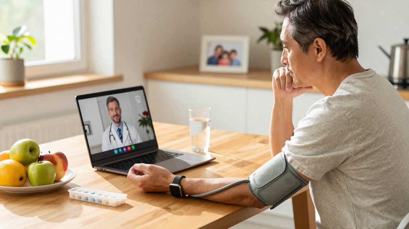 Mann misst Blutdruck und spricht über Videoanruf mit Arzt am Laptop in heller Küche.