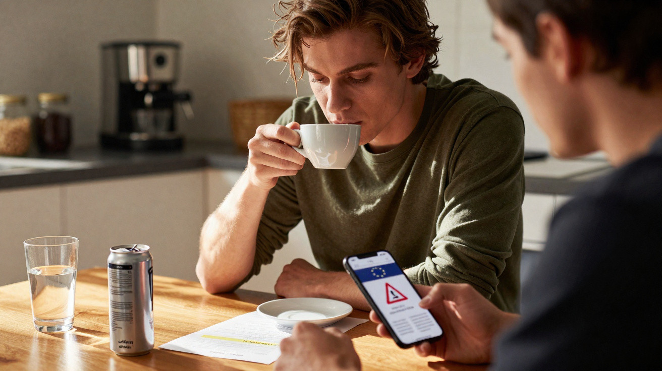 Zwei Männer sitzen am Tisch, einer trinkt aus einer Tasse, der andere schaut auf sein Smartphone.