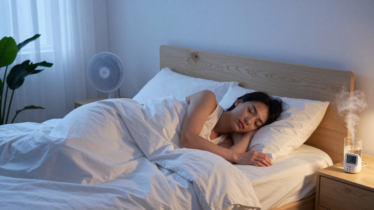 Frau schläft nachts im Bett, umgeben von weißen Bettdecken, neben Nachtisch mit Luftbefeuchter und Ventilator.