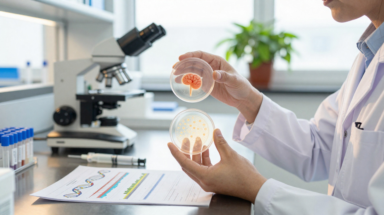 Wissenschaftler in Labor hält Petrischalen mit Gehirnmodell und Zellkulturen, Mikroskop und DNA-Diagramm im Hintergrund.