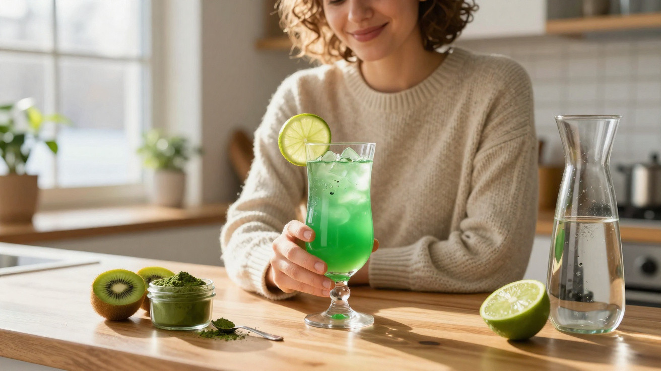 Frau hält grünes Getränk mit Eis und Limettenscheibe, daneben Kiwi, Limette und Matcha-Pulver auf Holzarbeitsplatte.
