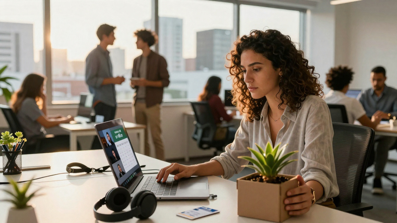 Frau mit Locken arbeitet an Laptop und hält Pflanze, Hintergrund zeigt Büro mit Kollegen im Gespräch.