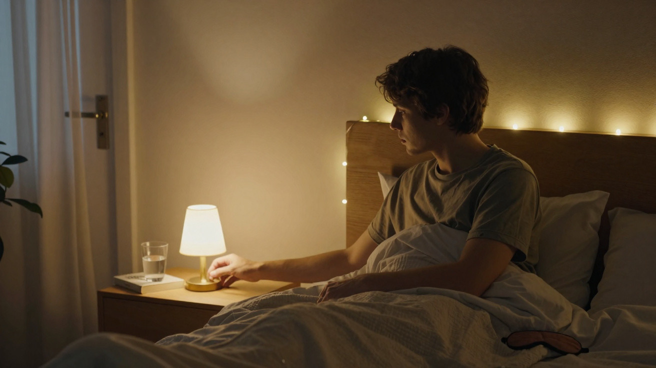 Junger Mann sitzt im Bett und schaltet eine kleine Lampe auf dem Nachttisch an.