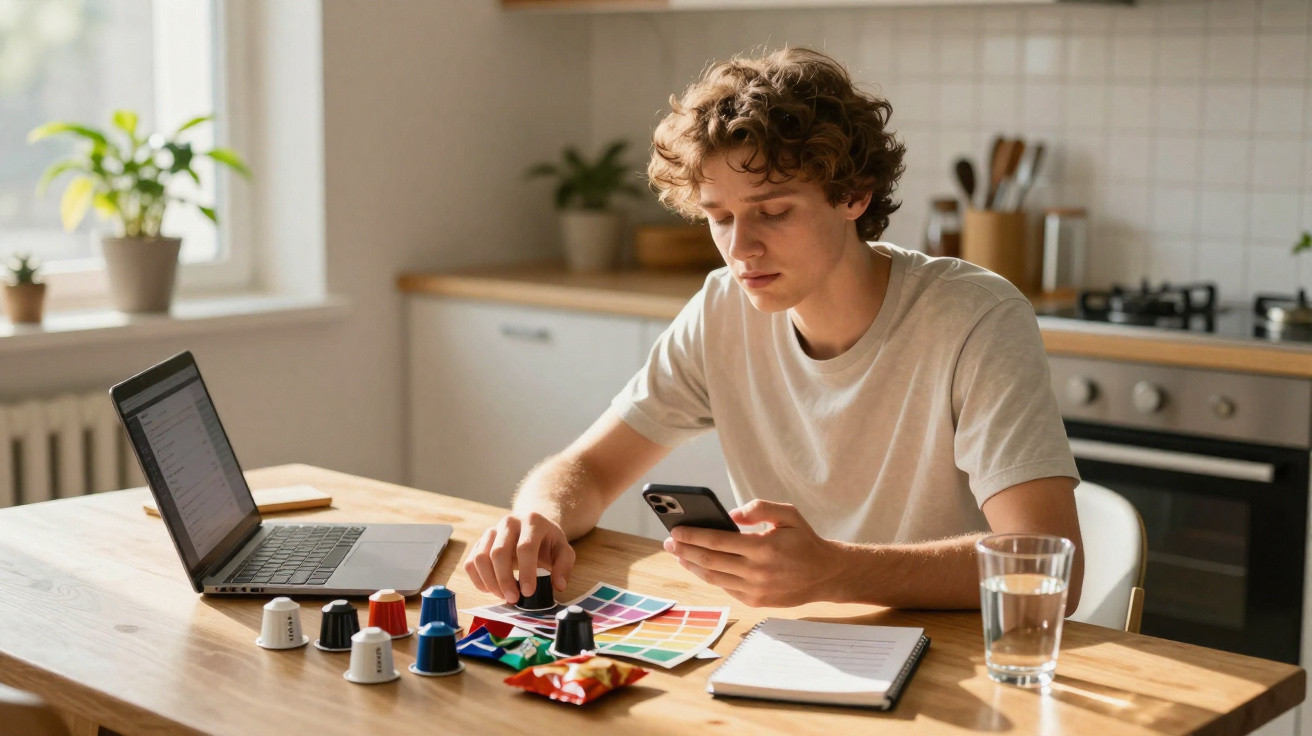 Junger Mann arbeitet mit Farbfächern und Smartphone an einem Holztisch in einer hellen Küche.
