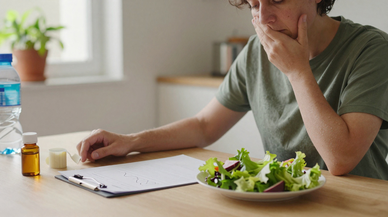 Frau sitzt am Tisch mit Salat, Medikamenten und Papier, schaut nachdenklich und hält sich die Hand vor den Mund.