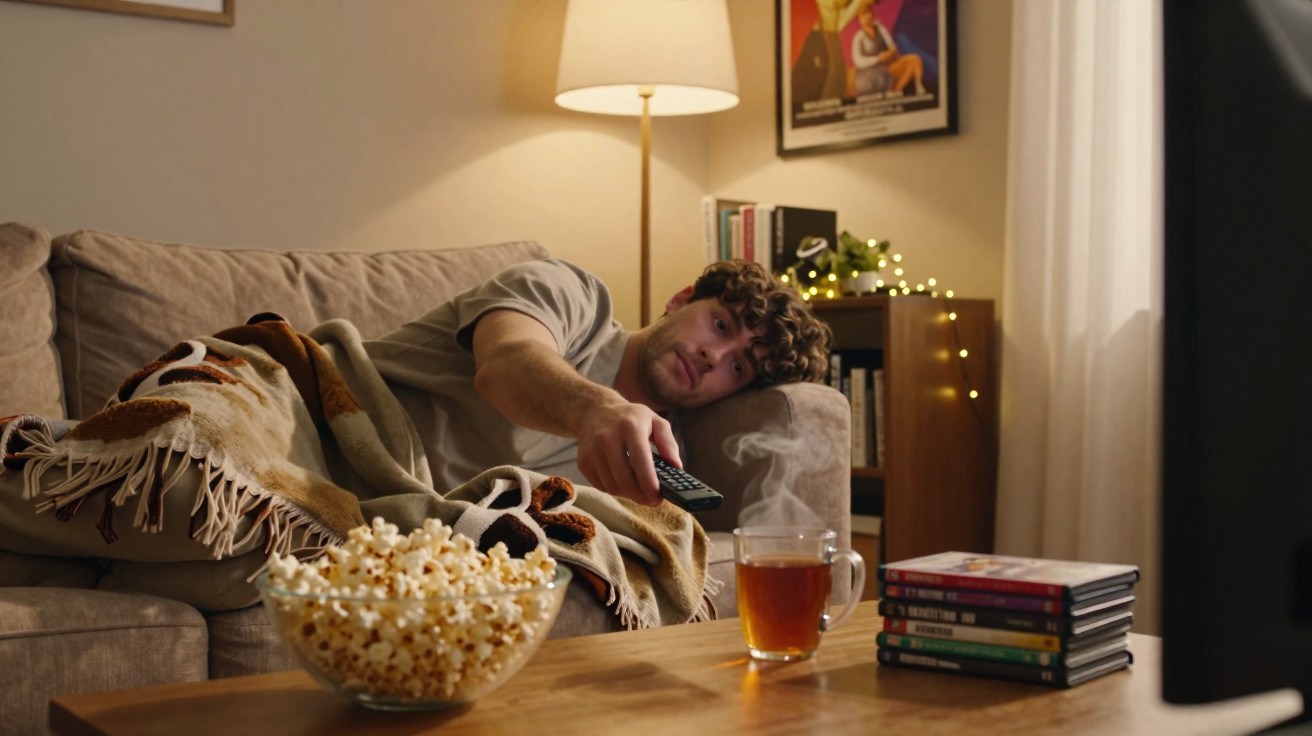 Ein Mann liegt mit Decke auf dem Sofa, hält eine Fernbedienung, Popcorn und dampfender Tee auf dem Tisch.