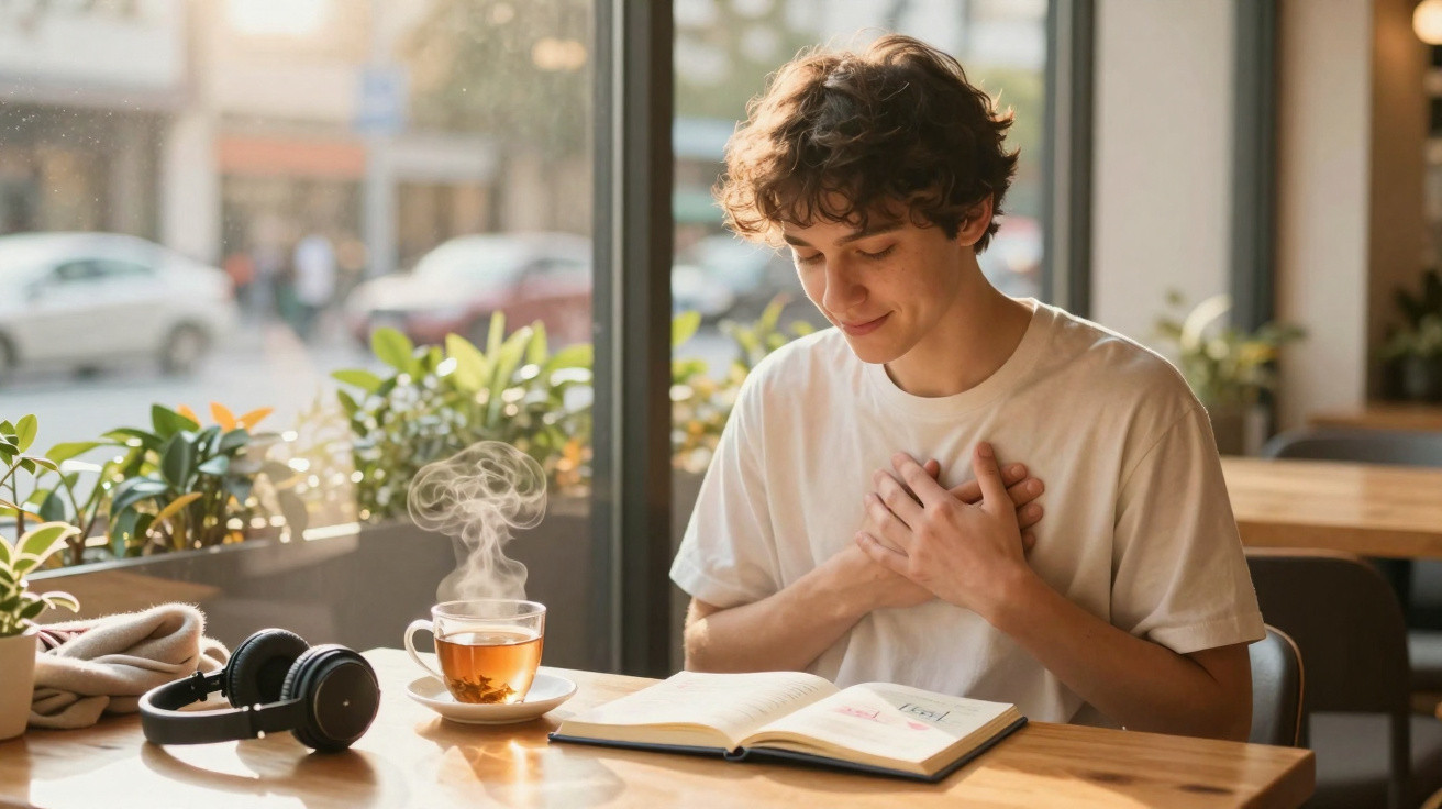Junger Mann in Café liest Buch, hält Hände ans Herz, dampfender Tee steht auf dem Tisch neben Kopfhörern.