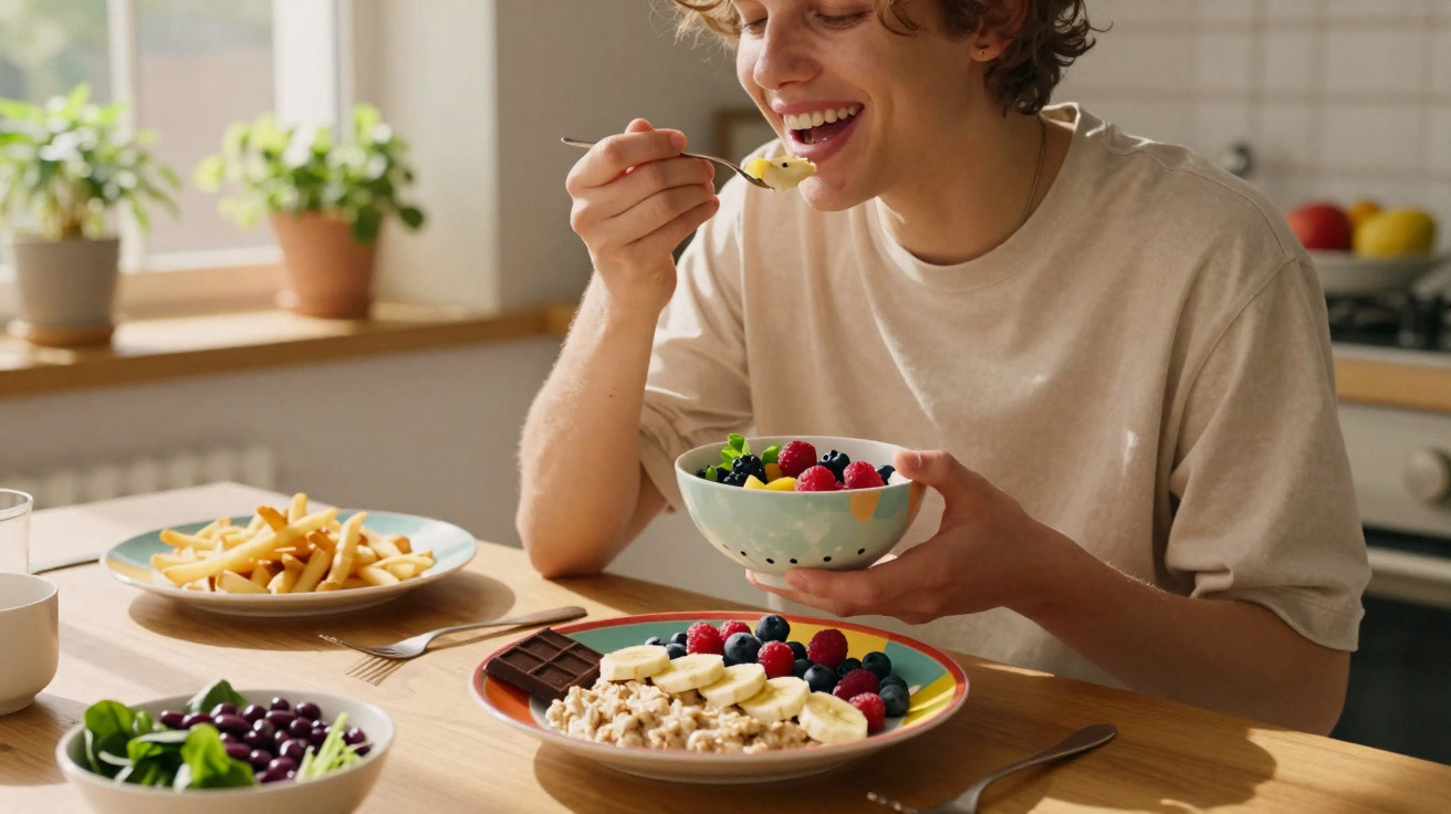 Junge isst zufrieden Obst und Haferbrei am Küchentisch mit weiteren Tellern und natürlichem Licht.