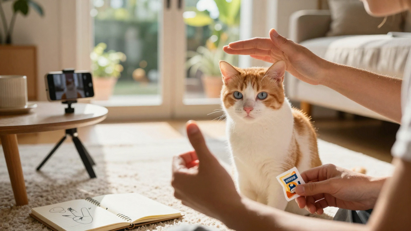 Person trainiert eine orange-weiße Katze vor einem Smartphone auf einem Stativ im Wohnzimmer.