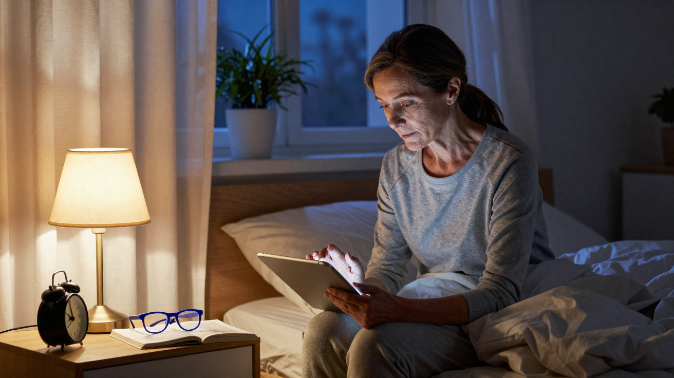 Frau sitzt nachts im Bett und benutzt konzentriert ein Tablet, neben ihr Lampe, Wecker und Brille auf Nachttisch.