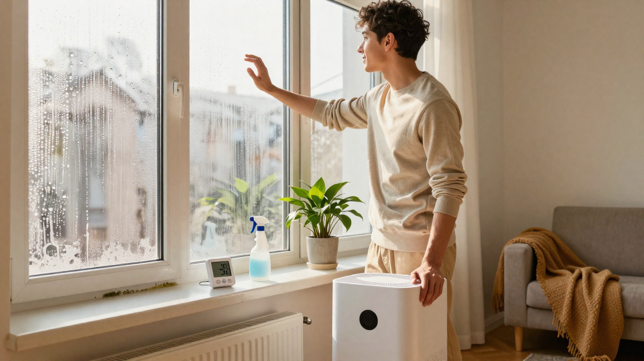 Junger Mann steht am Fenster und berührt die beschlagene Fensterscheibe in einem gemütlichen Raum.
