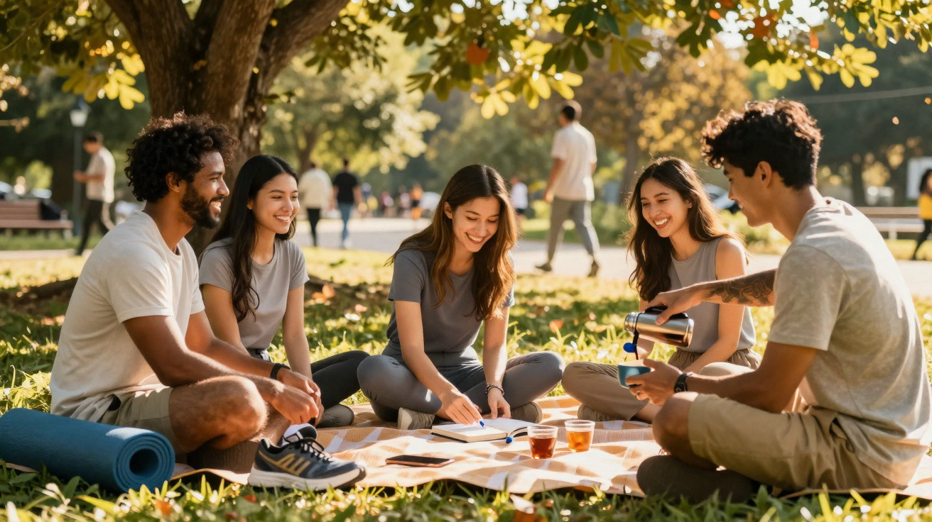 Fünf junge Erwachsene sitzen im Park auf einer Decke, lachen und genießen gemeinsam Tee.