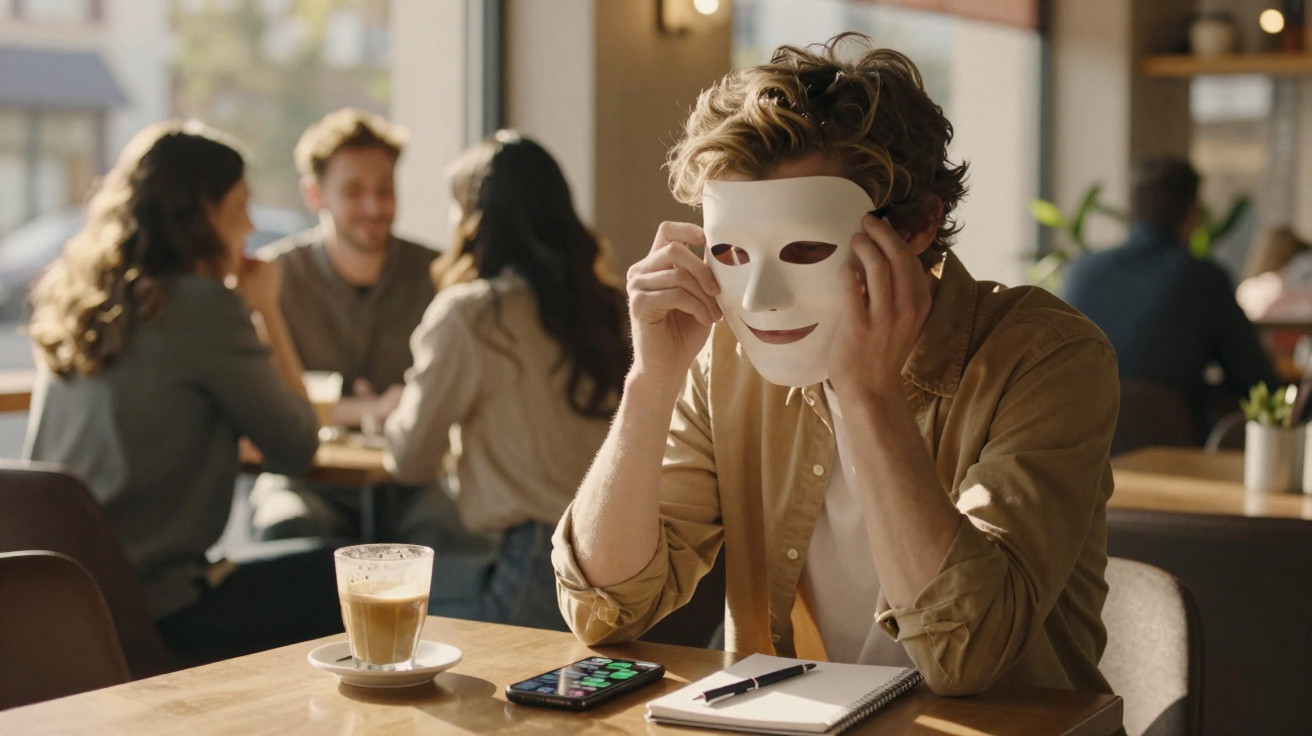 Mann in Café setzt weiße Maske auf, Laptop, Smartphone und Kaffee auf dem Tisch vor ihm.
