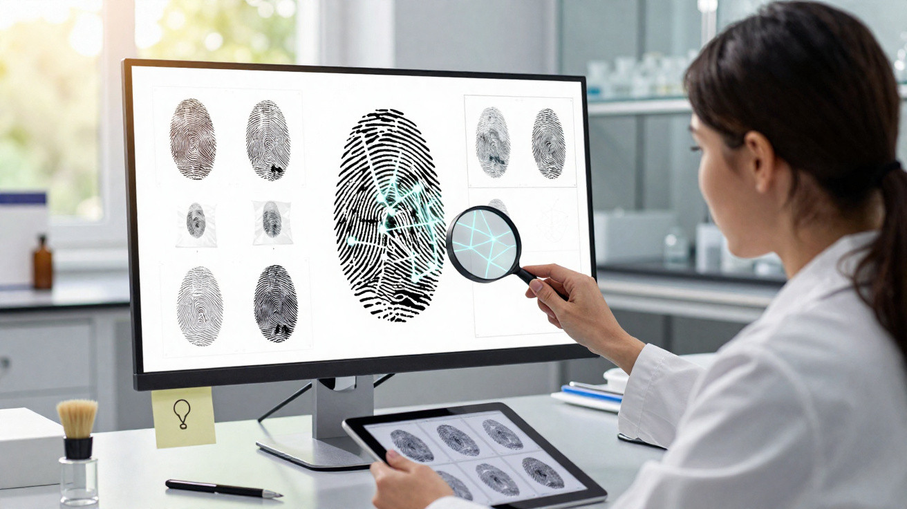 Frau im Labor analysiert Fingerabdrücke auf Computerbildschirm mit Lupe und Tablet.