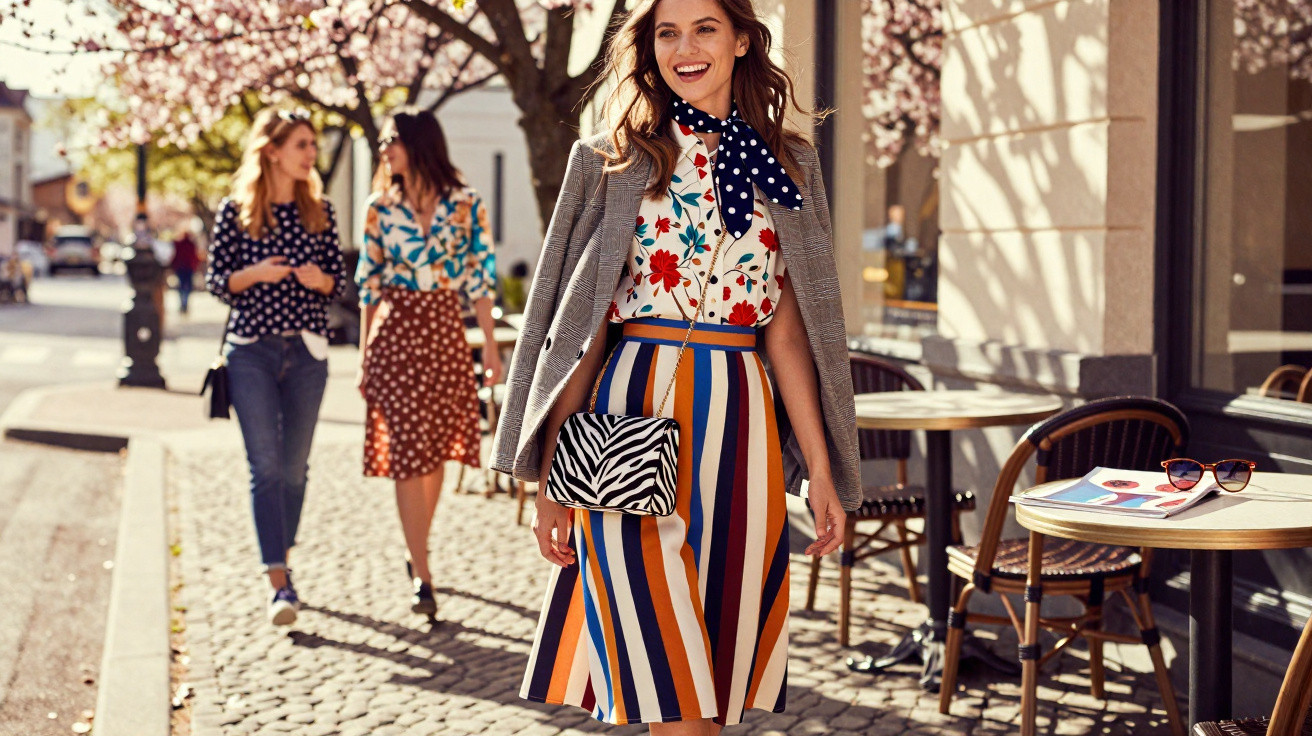 Drei Frauen in farbenfrohen Frühlingsoutfits spazieren lachend eine sonnige Straße entlang.