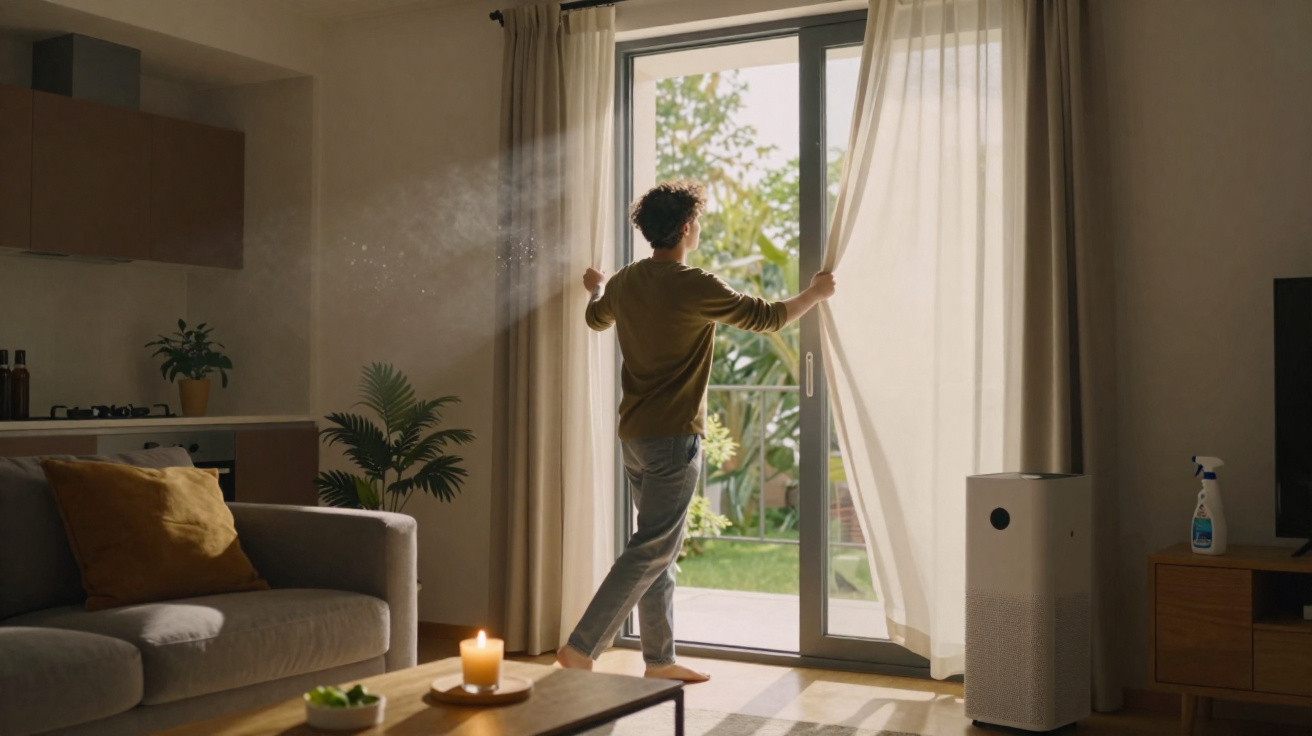 Person öffnet Vorhänge in einem hellen Wohnzimmer mit Sofa, Kerze und Luftreiniger am Fenster.