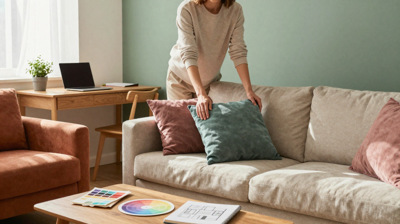 Frau richtet Kissen auf einem hellen Sofa in einem modernen, hellen Wohnzimmer mit Schreibtisch im Hintergrund.