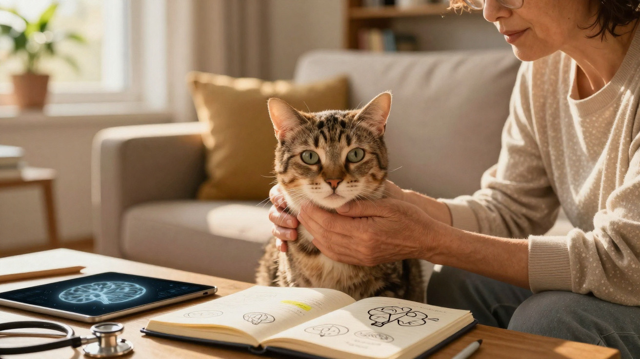 Frau hält Katze am Hals, neben einem aufgeschlagenen Buch mit Hirnzeichnungen und einem Tablet mit Gehirnscan.