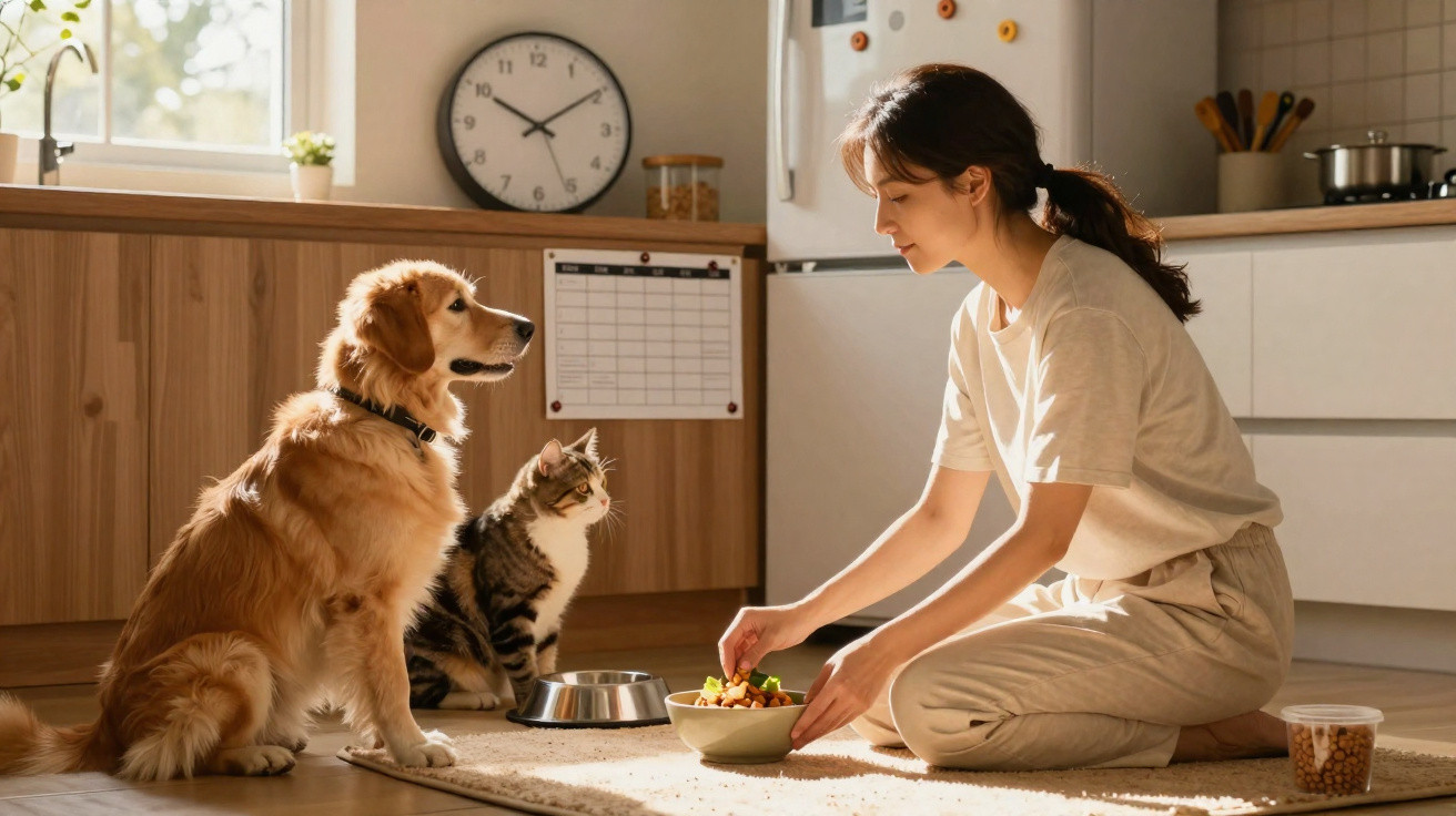 Frau füttert im Wohnzimmer ihren Hund und ihre Katze, sonnendurchfluteter Raum mit Holzvertäfelung.