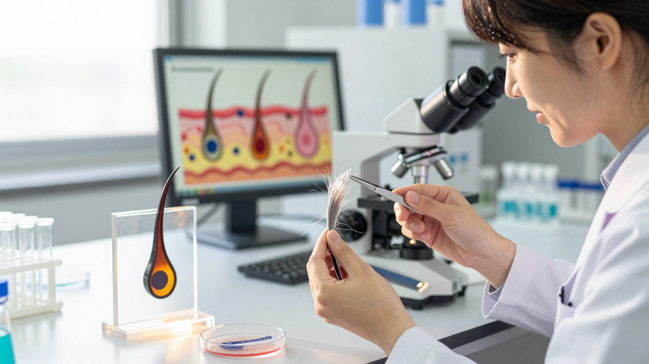 Wissenschaftlerin untersucht Haare mit Pinzette im Labor, Mikroskop und Haarfollikel-Diagramm im Hintergrund.