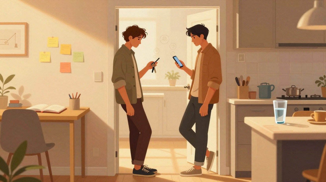 Zwei junge Männer stehen in einem warm beleuchteten Raum, beide blicken auf ihre Smartphones.