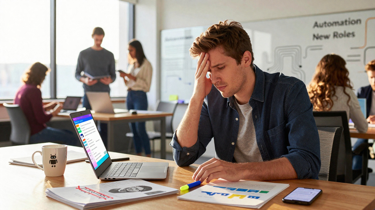 Junger Mann im Büro wirkt gestresst, hält Kopf und arbeitet mit Laptop und Dokumenten am Schreibtisch.