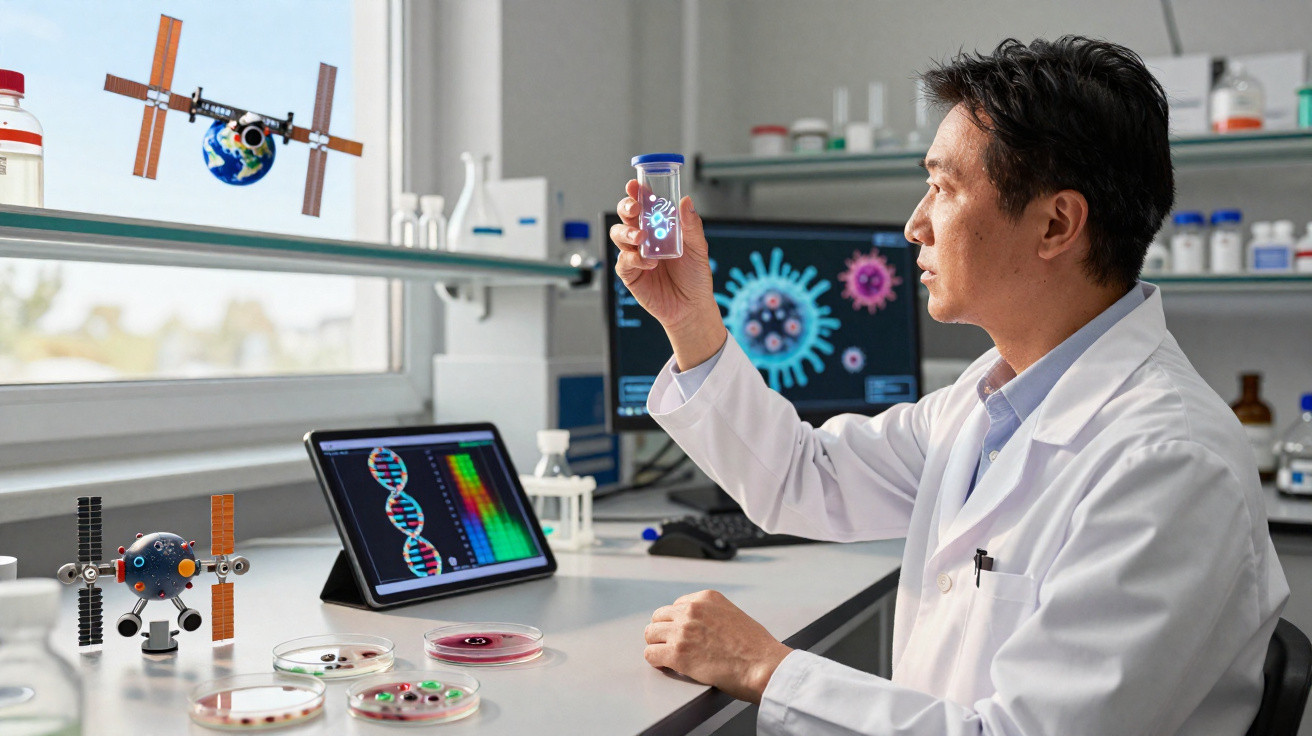 Wissenschaftler im Labor untersucht Virusprobe, DNA-Molekül auf Tablet-Bildschirm sichtbar.