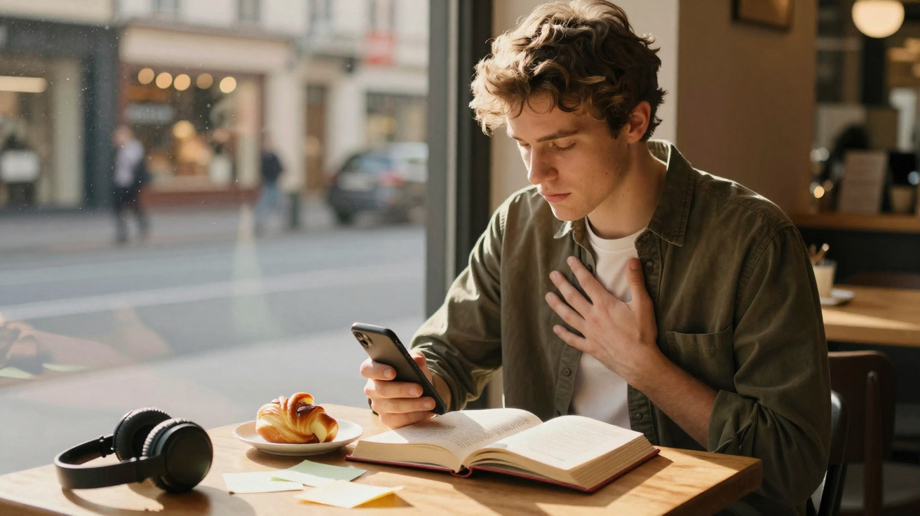 Junger Mann liest im Café ein Buch und schaut auf sein Smartphone, Croissant und Kopfhörer auf dem Tisch.