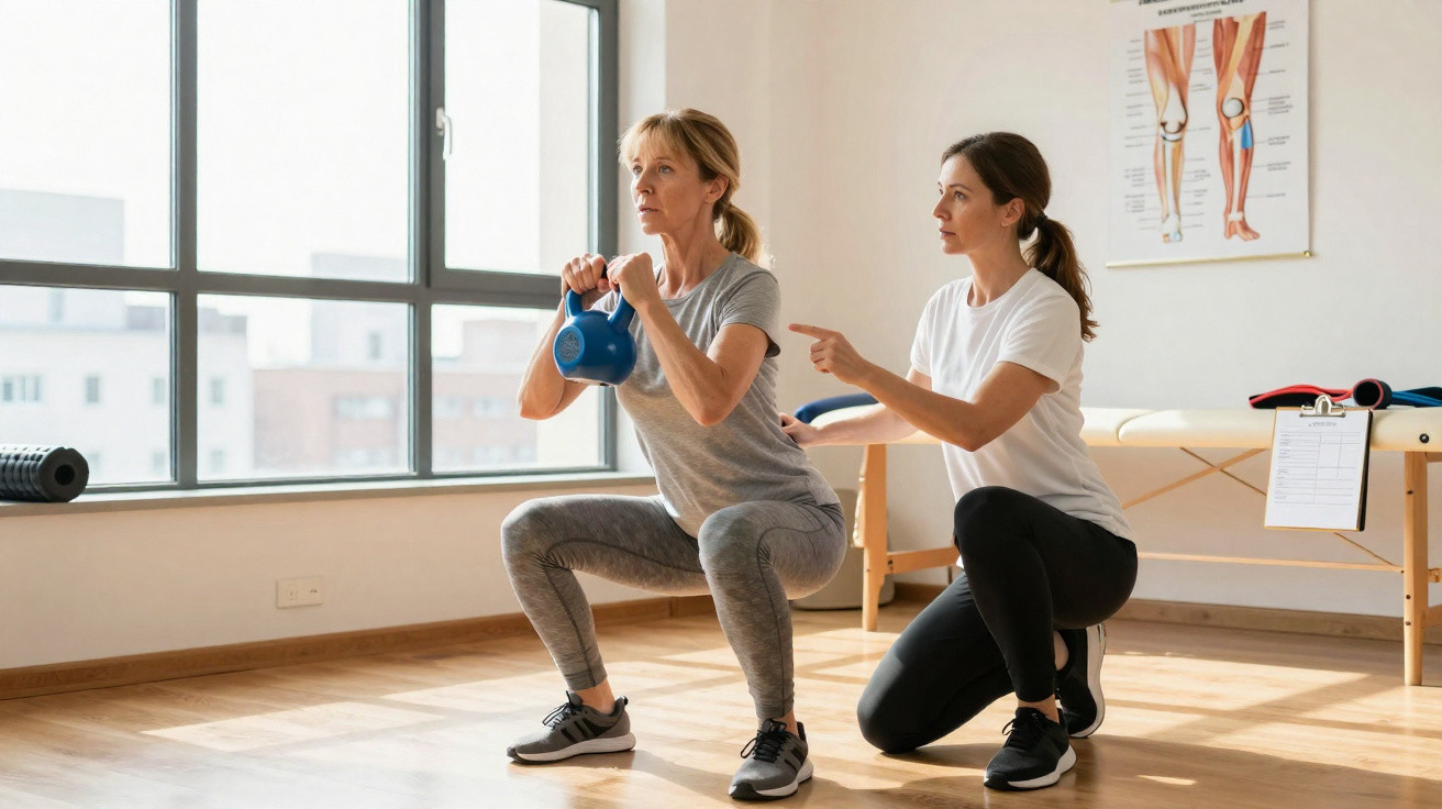 Frau macht Kniebeugen mit Kettlebell, Trainerin korrigiert Haltung in hellem Fitnessraum mit Fenster.