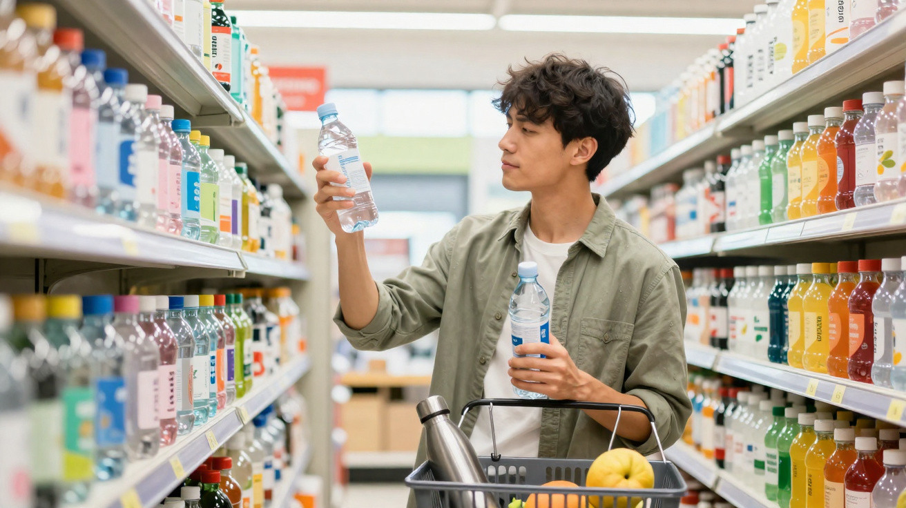 Mann im Supermarkt betrachtet Wasserflasche im Gang mit Getränken, Einkaufskorb mit Obst dabei.