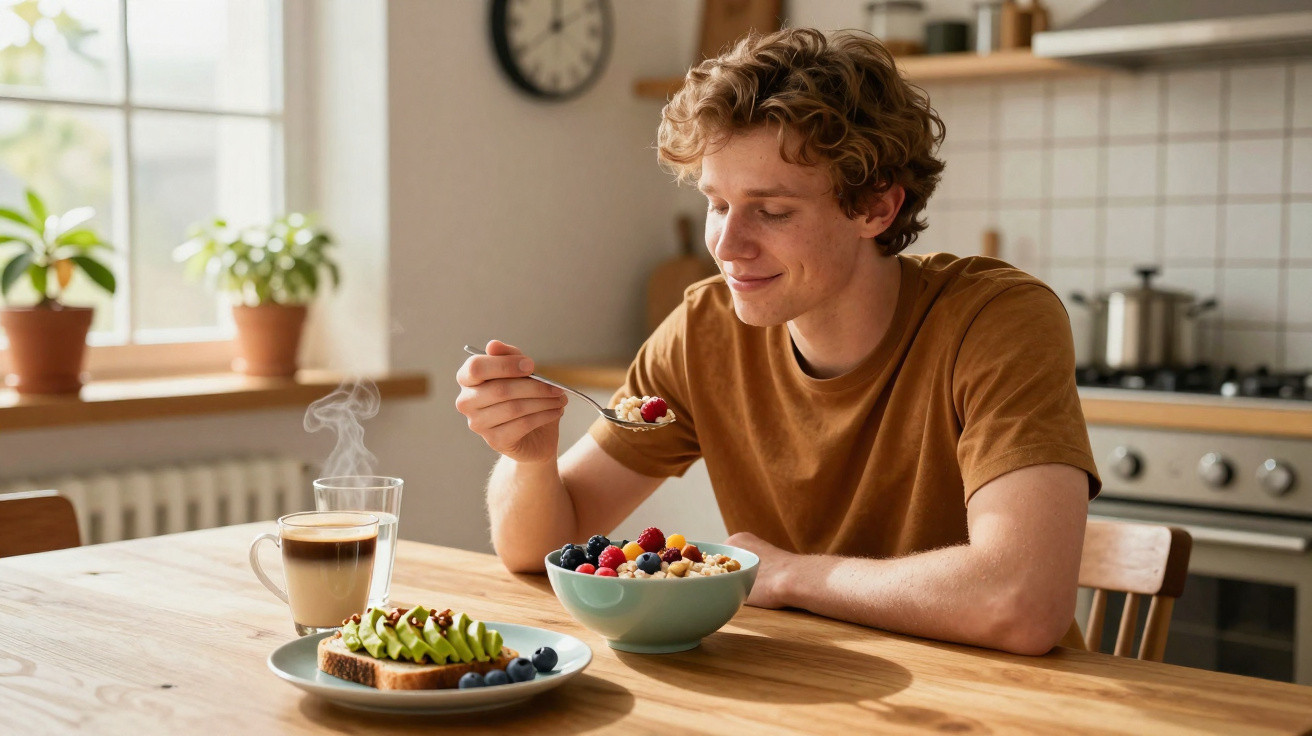 Junger Mann isst gesundes Frühstück mit Müsli, Früchten und Avocado-Brot in heller Küche.
