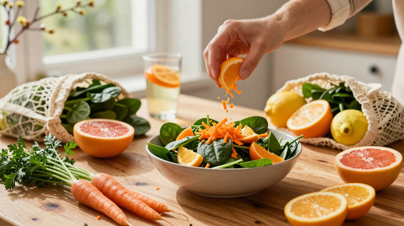 Hand presst Orangenscheibe über frischem Spinat-Salat mit Karotten auf Holztisch in heller Küche.