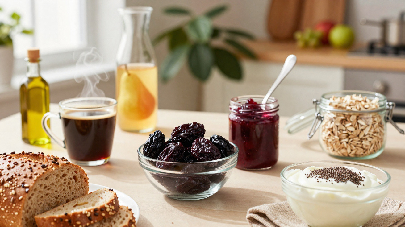 Frühstückstisch mit Brot, Trockenfrüchten, Marmelade, Joghurt, Haferflocken, Kaffee und Saftersatz mit Birne.