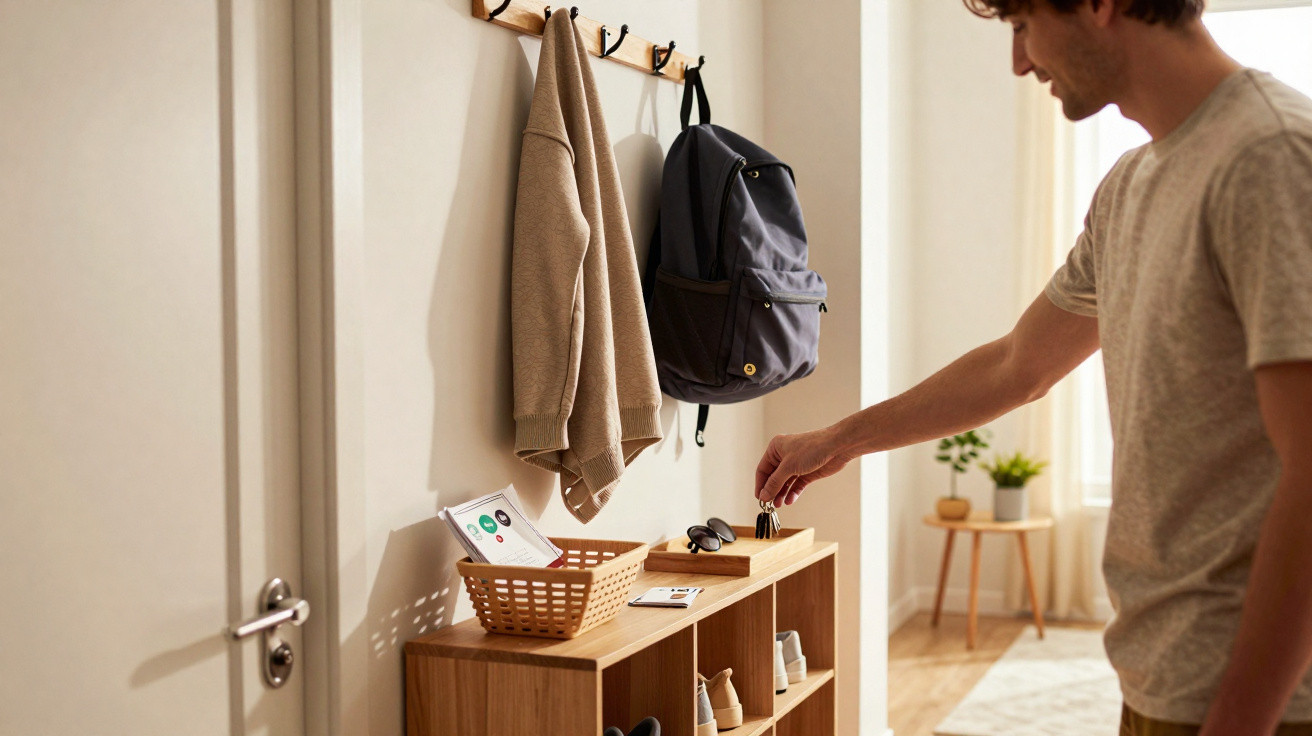 Ein Mann hängt Schlüssel an eine Garderobe in einem hellen, organisierten Flur mit Schuheablage und Jacken.