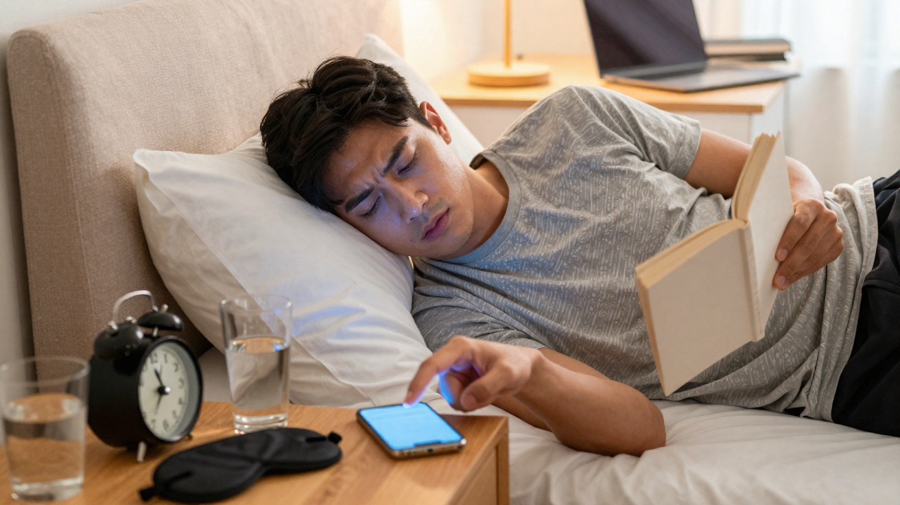 Mann liegt im Bett, liest ein Buch und bedient gleichzeitig ein Smartphone auf dem Nachttisch.
