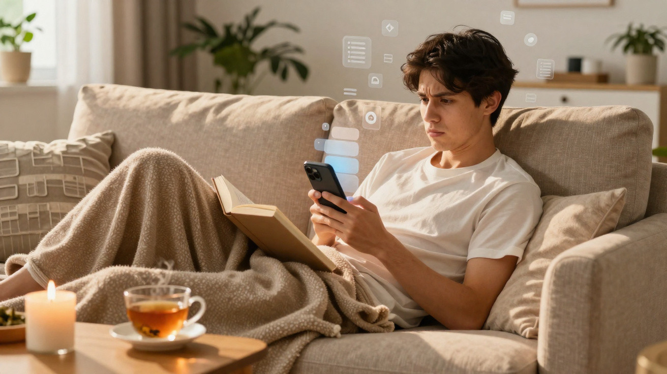 Junger Mann liegt mit Buch, Decke und Tee auf Sofa und nutzt konzentriert sein Smartphone.