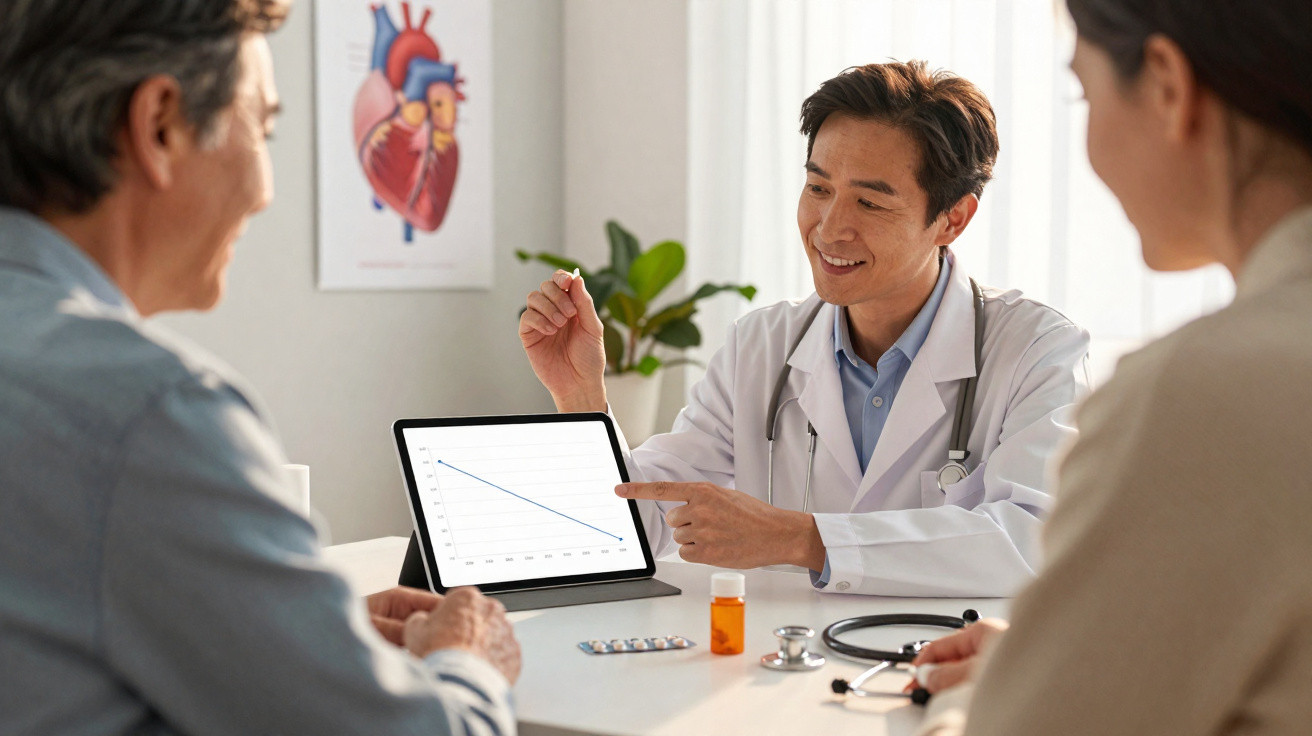 Arzt erklärt älterem Paar auf Tablet einen positiven Gesundheitsverlauf mit fallender Kurve im Praxiszimmer.