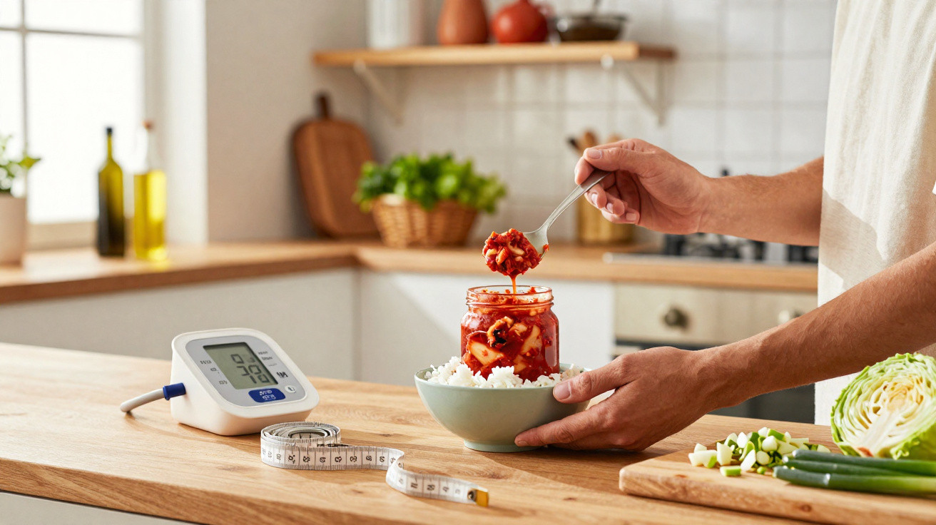 Person gibt Kimchi mit Löffel in eine Schüssel mit Reis, daneben Blutdruckmessgerät und Maßband auf Küchenarbeitsplatte.