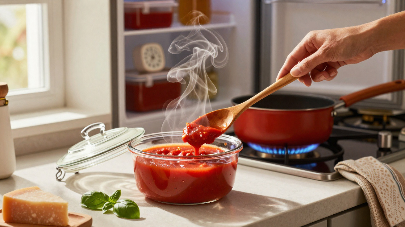 Hand rührt dampfende Tomatensauce in Glasschüssel in moderner Küche am Herd