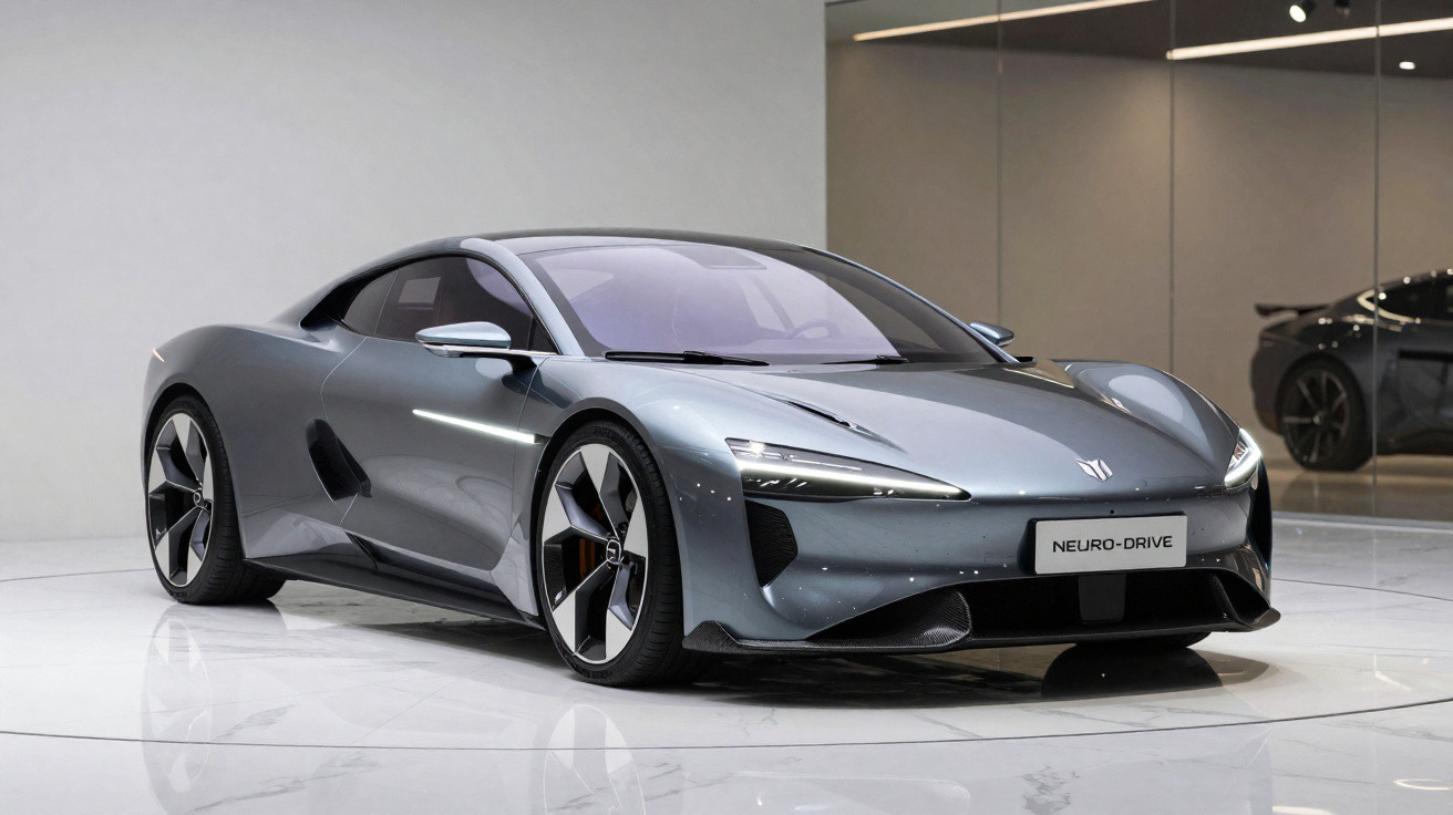 Sportlicher grauer Elektro-Supersportwagen mit futuristischem Design und großen Felgen in einer modernen Ausstellung.