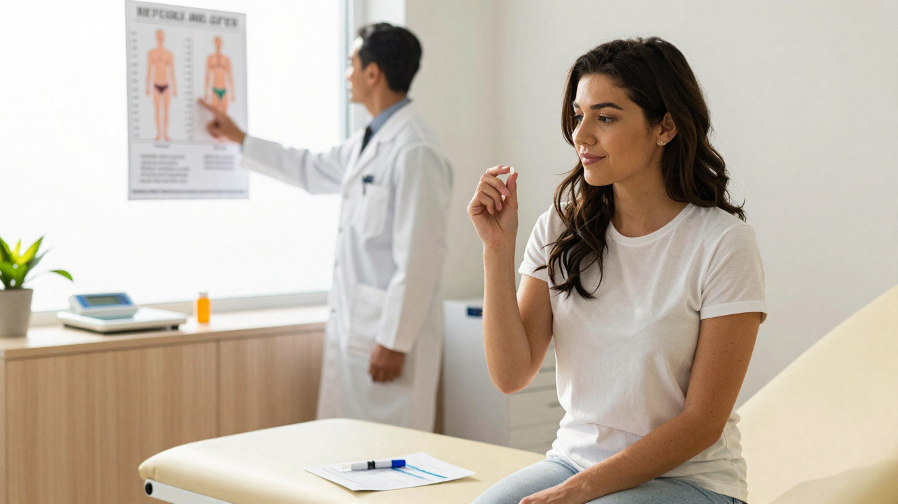 Frau nimmt Medizin ein im Arztzimmer, Arzt erklärt am Körperdiagramm im Hintergrund.