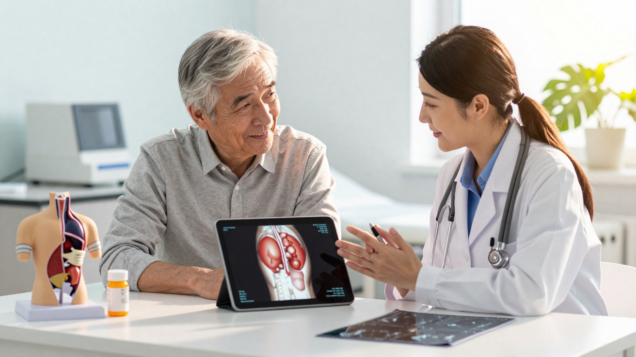 Ärztin erklärt älterem Patienten auf Tablet Nierenanatomie in heller Praxis mit Modell und Medikamentenflasche.
