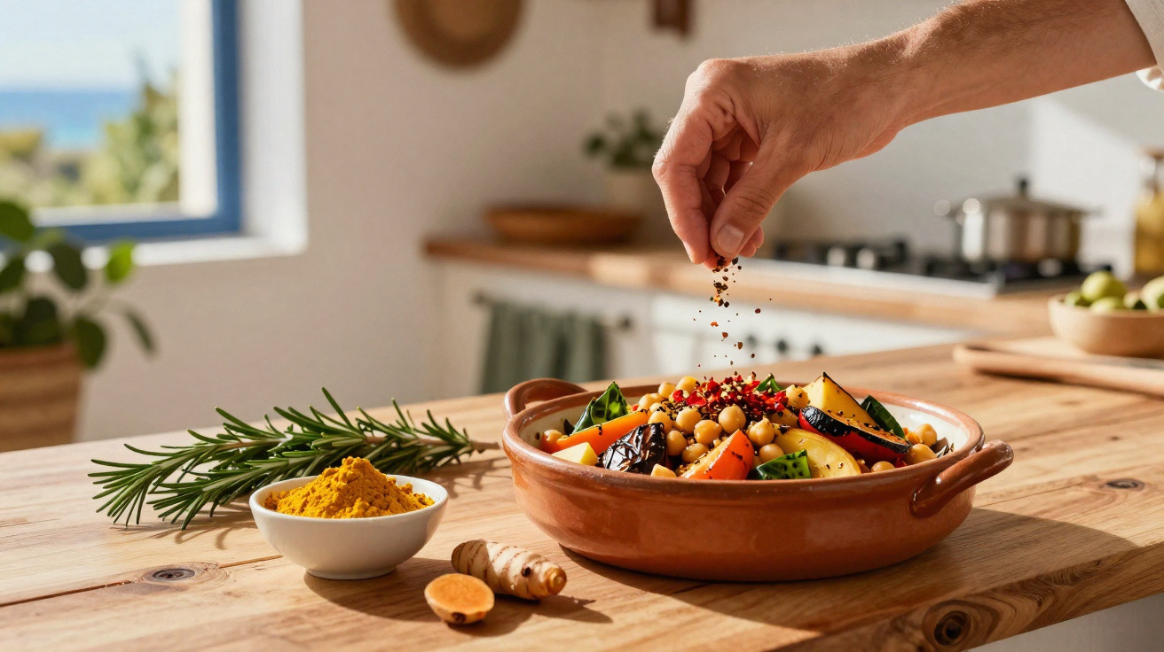 Hand würzt vegetarisches Gericht mit Kichererbsen und Gemüse in brauner Schale auf Holztisch in Küche.