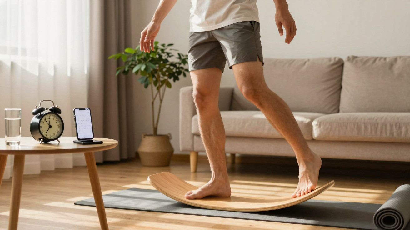 Person balanciert barfuß auf einem Holz-Balance-Board im Wohnzimmer mit Sofa und Pflanzen im Hintergrund.