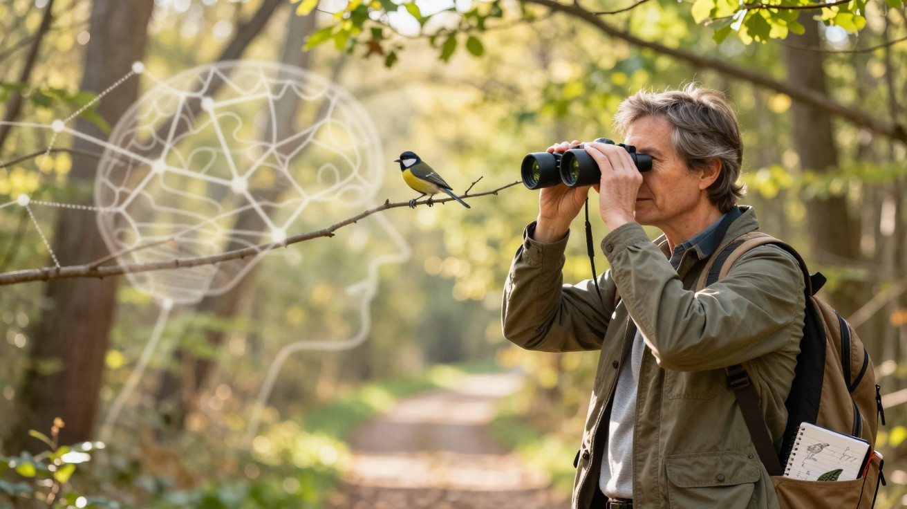 Mann beobachtet mit Fernglas einen Vogel auf einem Ast im Wald, im Hintergrund Gehirnzeichnung.