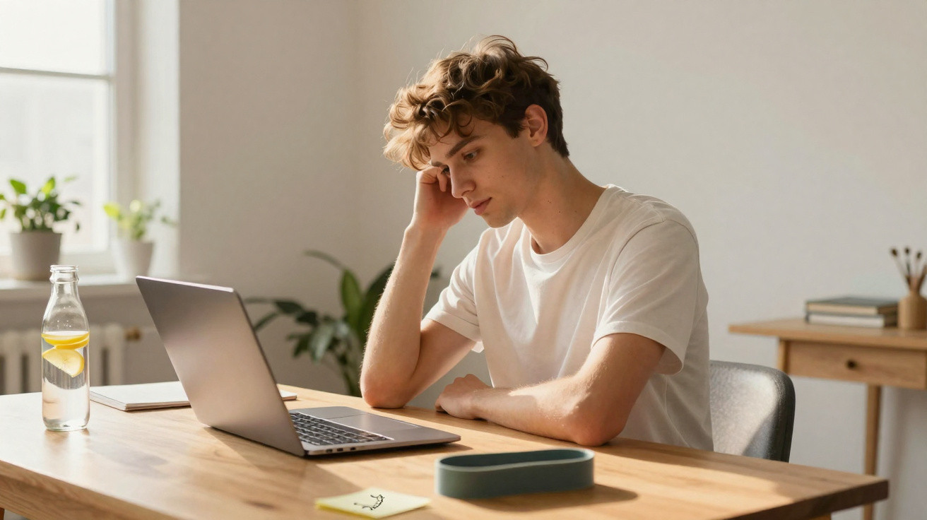 Junger Mann sitzt nachdenklich vor Laptop an hellem Holztisch in modernem Raum.