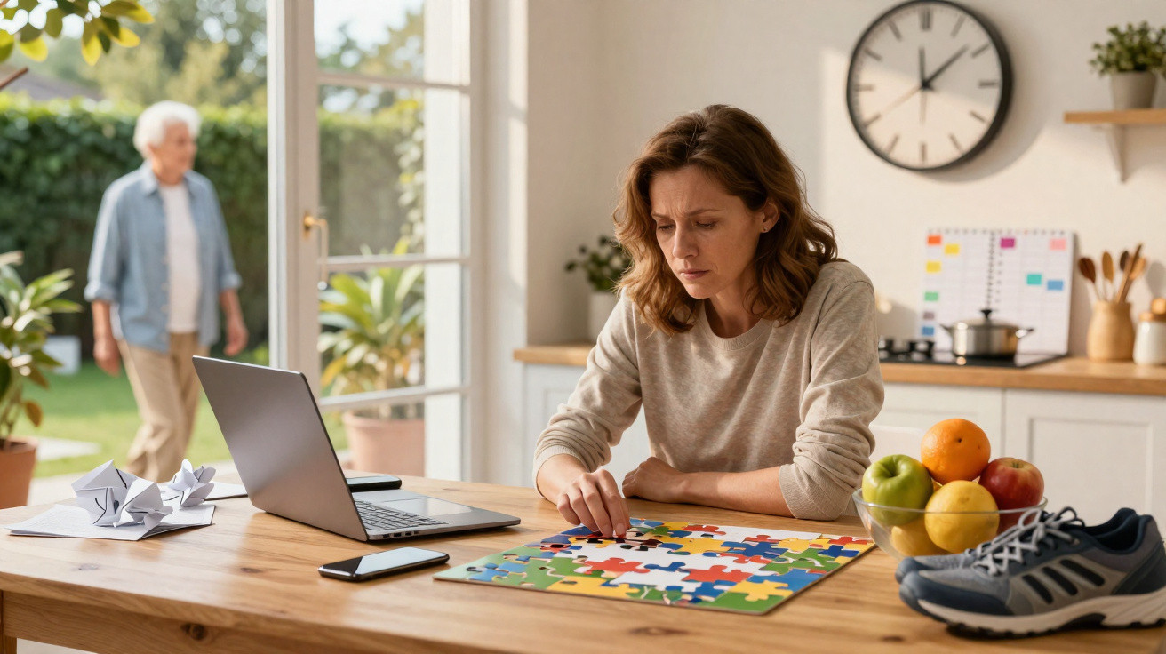 Frau legt zu Hause an Küchentisch ein buntes Puzzle, ältere Person steht hinten im Garten sichtbar.