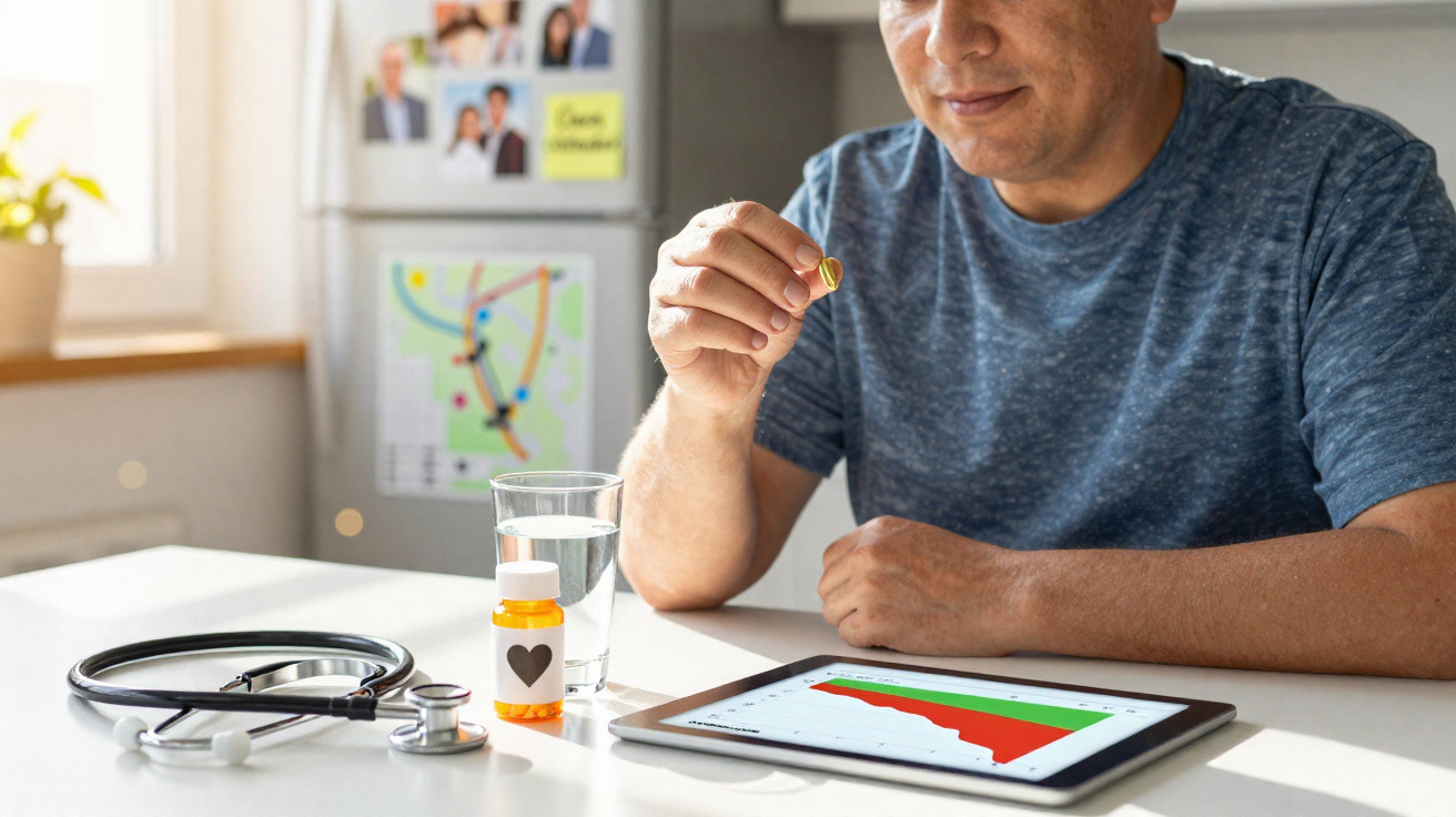 Mann nimmt eine Kapsel am Tisch mit Stethoskop, Medikamentenflasche, Wasserglas und Tablet mit Diagramm.